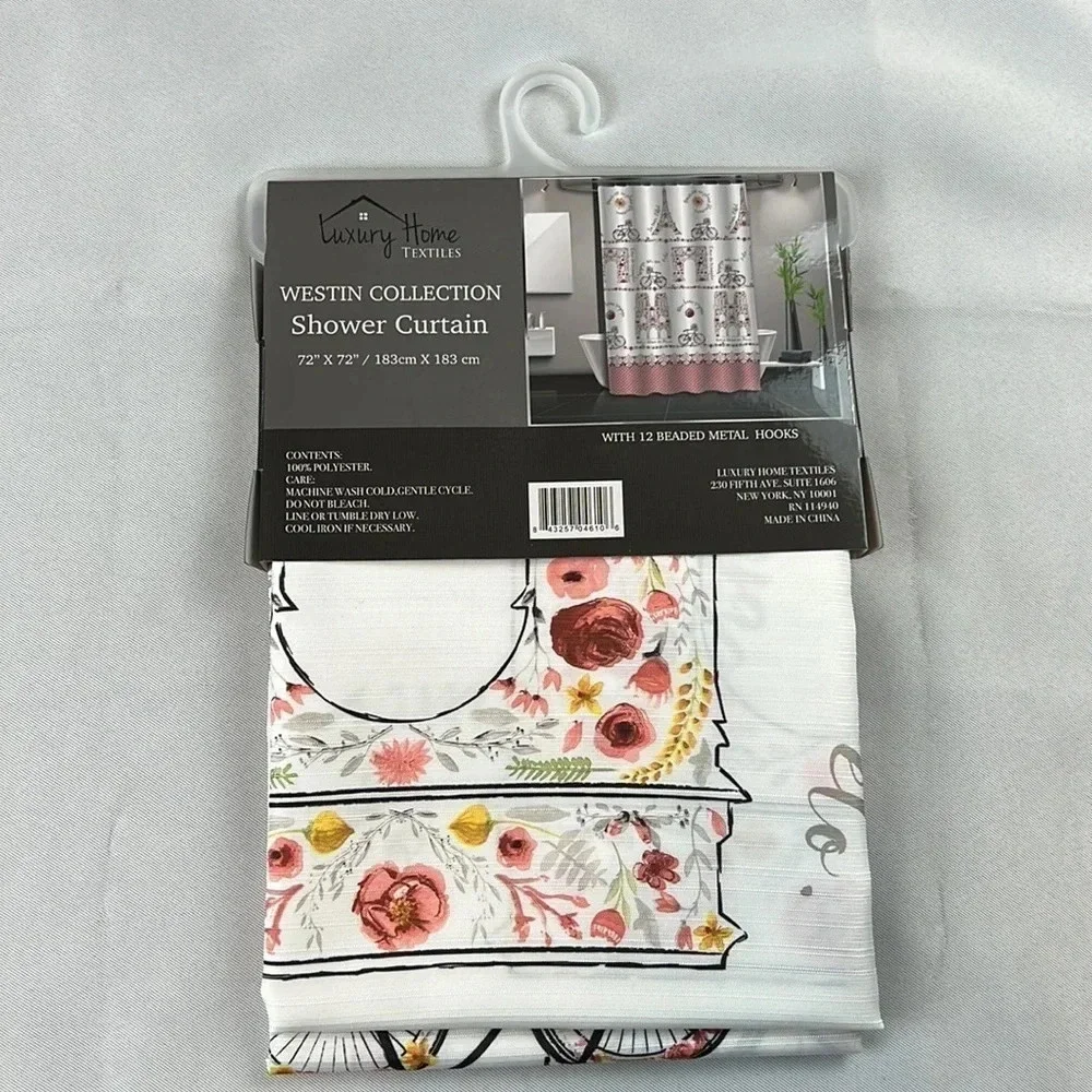 Luxury Home Paris‎ Print Shower Curtain With 12 Beaded Metal Hooks Brand New